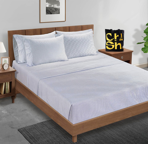 Oh! Sheets Juego De Sabanas Microfibra 5 Piezas Individual Azul Marino Rayas