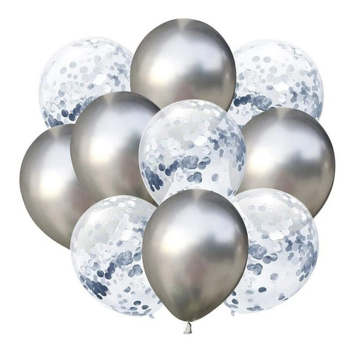 Imagen 1 de 4 de Set 10 Globos Transparente Cristal Confetti  Y Plateado 