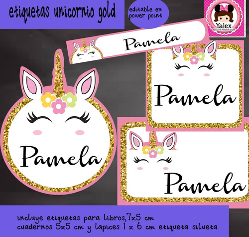 Etiquetas Escolares Unicornio Gold Kit Editable