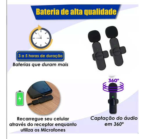 Microfone De Lapela Duplo Sem Fio Kaidi Kmf6-c Usb Tipo-c