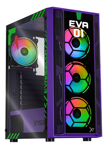 Gabinete Gamer Xtreme Pc Gaming Eva 01 Comic Edition Media Torre Atx 4 Fan Argb Cristal Templado Violeta