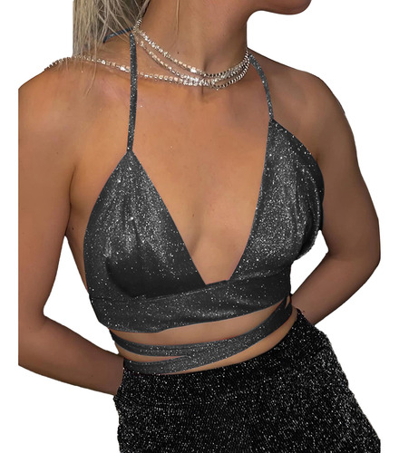 Top Halter Brillante Con Cuello En V Profundo Para Mujer, Ba