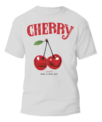 Playera Blanca Estampado De Fruta Cerezas 100% Algodon
