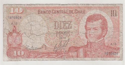 Billete Chile 10 Pesos 1975 Libertador Ohiggins A13 (c85)