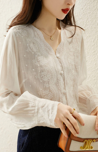 Camisa Francesa Flores Bordadas Encaje Mujer Blusa Cuello V