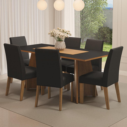 Sala Jantar Mesa Tampo Madeira 6 Cadeiras Simone Madesa Cor Rustic/Preto/Oxford Desenho do tecido das cadeiras Liso