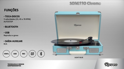 Imagem 4 de 6 de Toca Discos Sonetto Gravação Bluetooth Light Blue