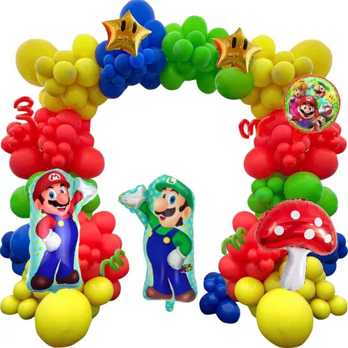 Super Mario Bros - Paquete de decoración de fiesta de cumpleaños con  escenario y accesorios para fotos, kit de decoración de mesa, 6 globos