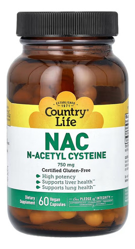 Country Life Nac N-acetilcisteína 750 Mg 60 Capsulas Sabor Sin Sabor