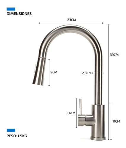 Imagen 5 de 10 de Griferia Para Cocina Monocomando Canilla Extensible De Acero