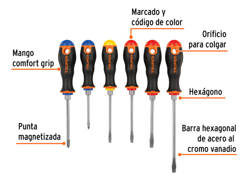 Juego De 6 Desarmadores Mango Comfort Grip Truper