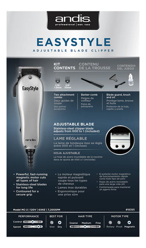 Cortadora De Cabello Andis Easystyle Blade 7 Piezas 18395 Motor Magnetico Plateada