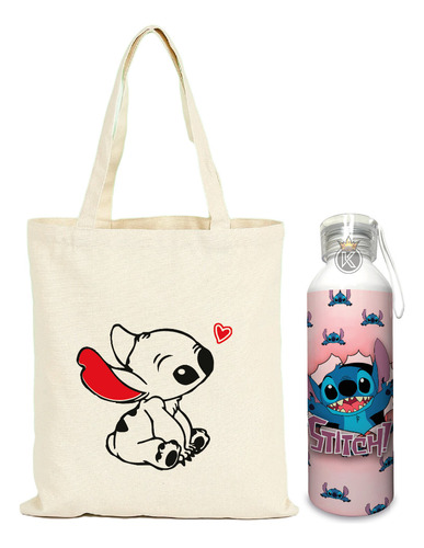 Tote Bag Stitch - Lilo + Botella En Aluminio - Estampaking