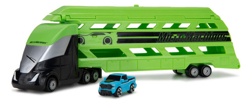 Micro Machines Mini Transportador De Vehículo En Color Verde Incluye Un Exclusivo Coche Mm Abre La Parte Superior Del Remolque/baja La Rampa Trasera, Carga Hasta Ocho Coches Colecciónalos