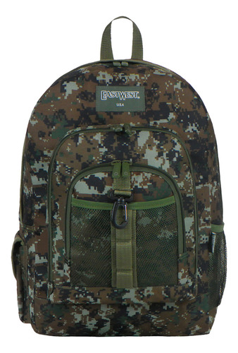 Mochila Escolar Pixel Camo East West Con Gancho Porta Llavero Y Botella Color Green