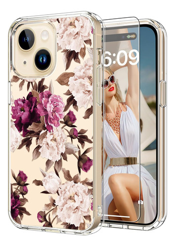 Funda Para iPhone 15 + Icedio, Diseño Flores Blancas Y Rosas