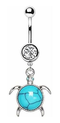 Aros - Cz Crystal And Turquoise Stone Sea Turtle Dangle Bell