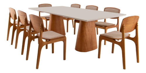 Conjunto Mesa Noronha Com Vidro E 8 Cadeiras Malta Moderna Tampa Linho Palha Off White Imbuia Pés Linho Palha Off White Imbuia