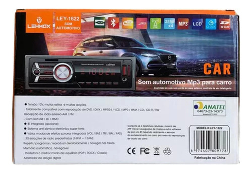 Som Automotivo Lehmox Ley-1622 Radio Bluetooth Fm Mp3 Co