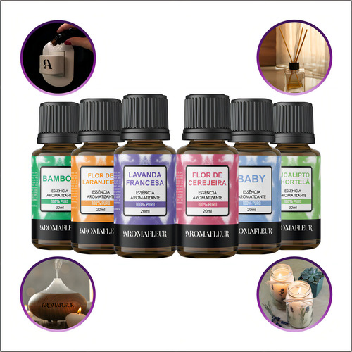 Kit 6 Essências Aromatizantes Aromafleur Hidrossoluvel com Óleo Essencial para Difusor Aromatizador de Ambiente Umidificador Elétrico Base Água Home Spray Aromaterapia Velas Aromáticas Refil Varetas
