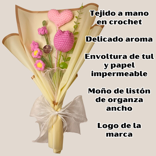 Ramo Flores Tejidas Bouquet Tulipanes Rosas Crochet Luz Led