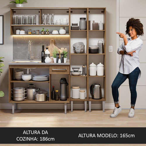 Armário De Cozinha Compacta 169cm Com Pia Emilly Madesa 14 Cor Rustic