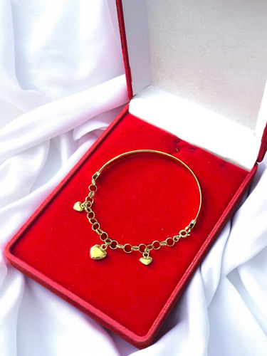 Bracelete De Ouro 18k Reto Elo Português Com Corações 5.8g