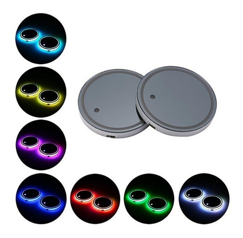 Set 2 Posavasos Luz Led Cambiante Para Autos Usb Solar