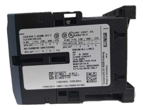 Contactor Siemens 7a 3rt2015-1ak61 Bobina 110v Poliequipos
