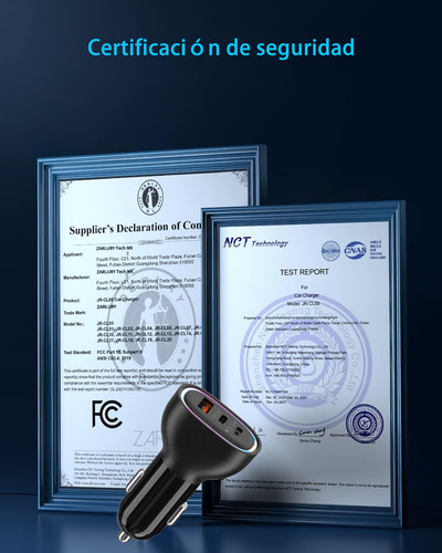Zarlury Cargador Para Auto Tipo-C con Cable de 1m, Carga Rápida PD 30W + QC3.0 30W, 3 Puertos USB, Compatible con iOS y Android, Luz LED, Protección Inteligente, para Autos 12V/24V