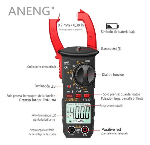 Aneng Digital Pinza Medidor Multímetro Capacitancia 4000 Rec