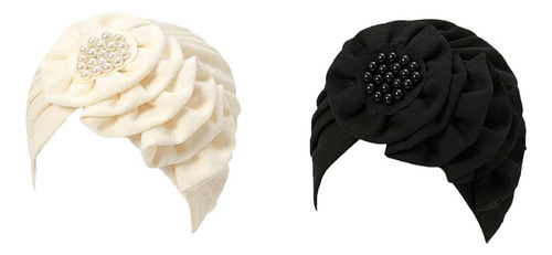 Gorras De Turbante Con Flores Perladas Para Mujer - Gorros 2pcs - Negro Beige Talla Única