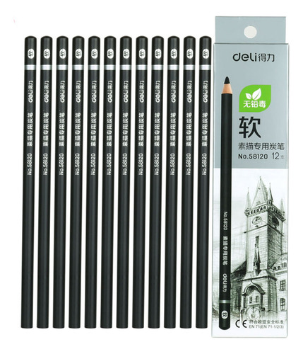 Caja X 12 Lapiz Carbonilla Deli 581 Charcoal Trazo Soft 58120