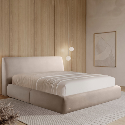 Cama Com Cabeceira Pagani Queen Base No Chão Bouclê Bege