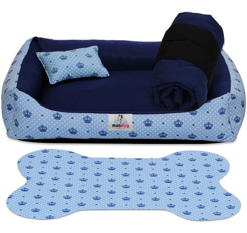 Kit Cama Casinha Caminha Pet Para Cachorro Lavável - Média Cor Coroa Azul