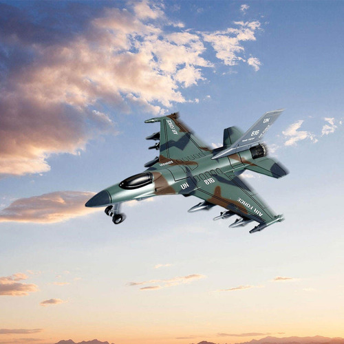 Modelo De Avión De De Metal Tirón Trasero Led F16 Verde