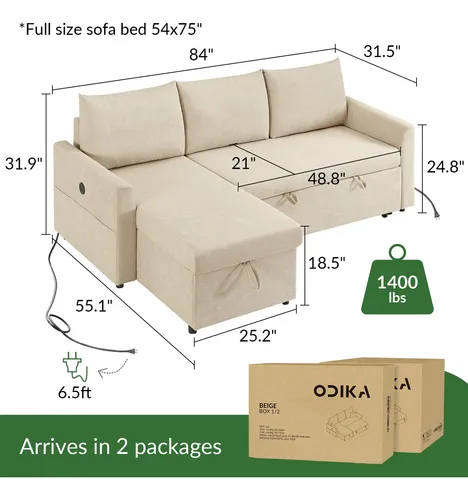Sofá Cama Convertible En L Con Usb-c Y Almacenamiento Beige