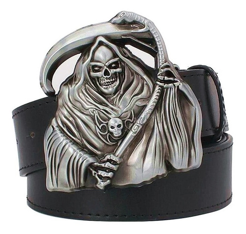 Cinto De Couro C/ Fivela Morte Ceifador Caveira Death Skull