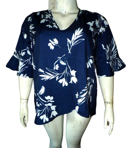 Blusa Azul Marino C/ Flor Blancas Talla 3x (42/44) Bloomchic