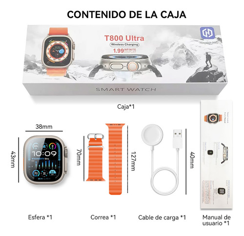 Smartwatch Keluona T800 Ultra Display De 1.99 Reloj Inteligente Color De La Caja Plateado Color De La Correa Naranja