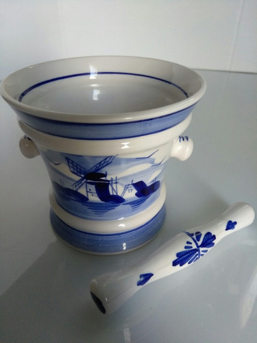 Antiguo Mortero De Porcelana Delfis Blue Pintado A Mano