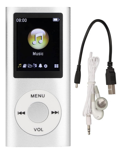 Reproductor MP3 portátil, delgado y sin pérdida de sonido, con auriculares, pantalla LCD de 1,8 pulgadas, reproductor de música digital, tarjeta de memoria no incluida (plateado)