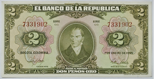 Billete 2 Pesos 01/ene/1955 7 Digitos Colombia Au