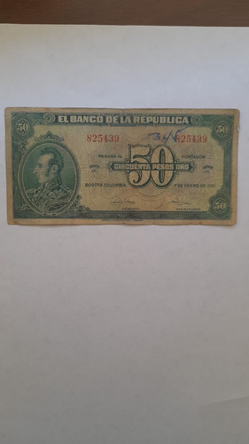 Billete De Colombia 50 Pesos Oro Año De 1951 (6 Digitos)