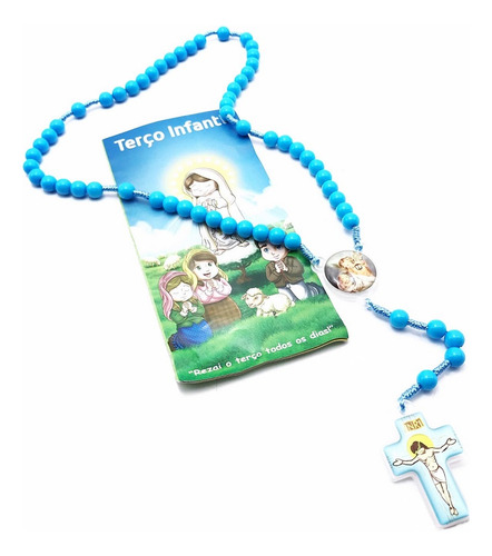 Terço Infantil Para Crianças Azul No Cordão Com Folheto