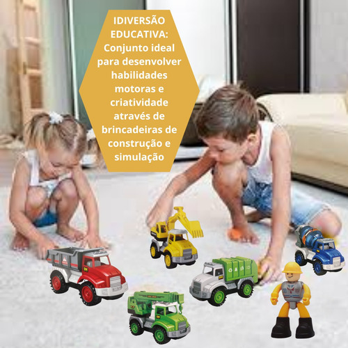 Brinquedo Kit 5 Caminhões Fricção Construção Civil Boneco