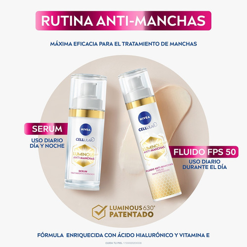 Imagen 7 de 9 de Nivea Fluido Anti-manchas Día Fps50 Luminous630 40ml