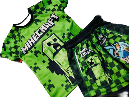 Conjunto Playera Y Short De Minecraft Crepper Vacaciones Verde Ch