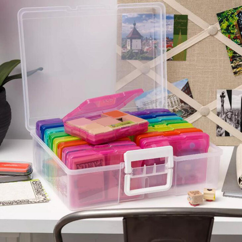 Portable Clear Photo Storage Box Stamps Cards Sort White