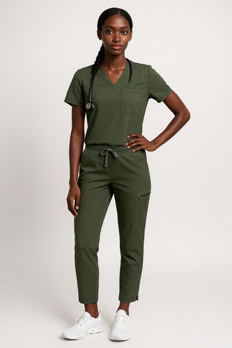 Bleufox Pijama Quirúrgica Dama Conjunto Uniforme Antifluido Verde Musgo Lisa M